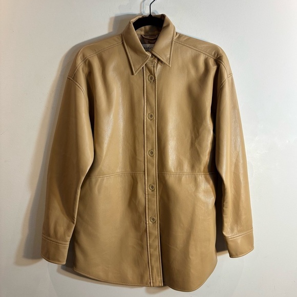 Babaton Tops - BABATON Sz XS Oversized Faux Leather Shacket Drop Shoulder Patch Pockets Tan